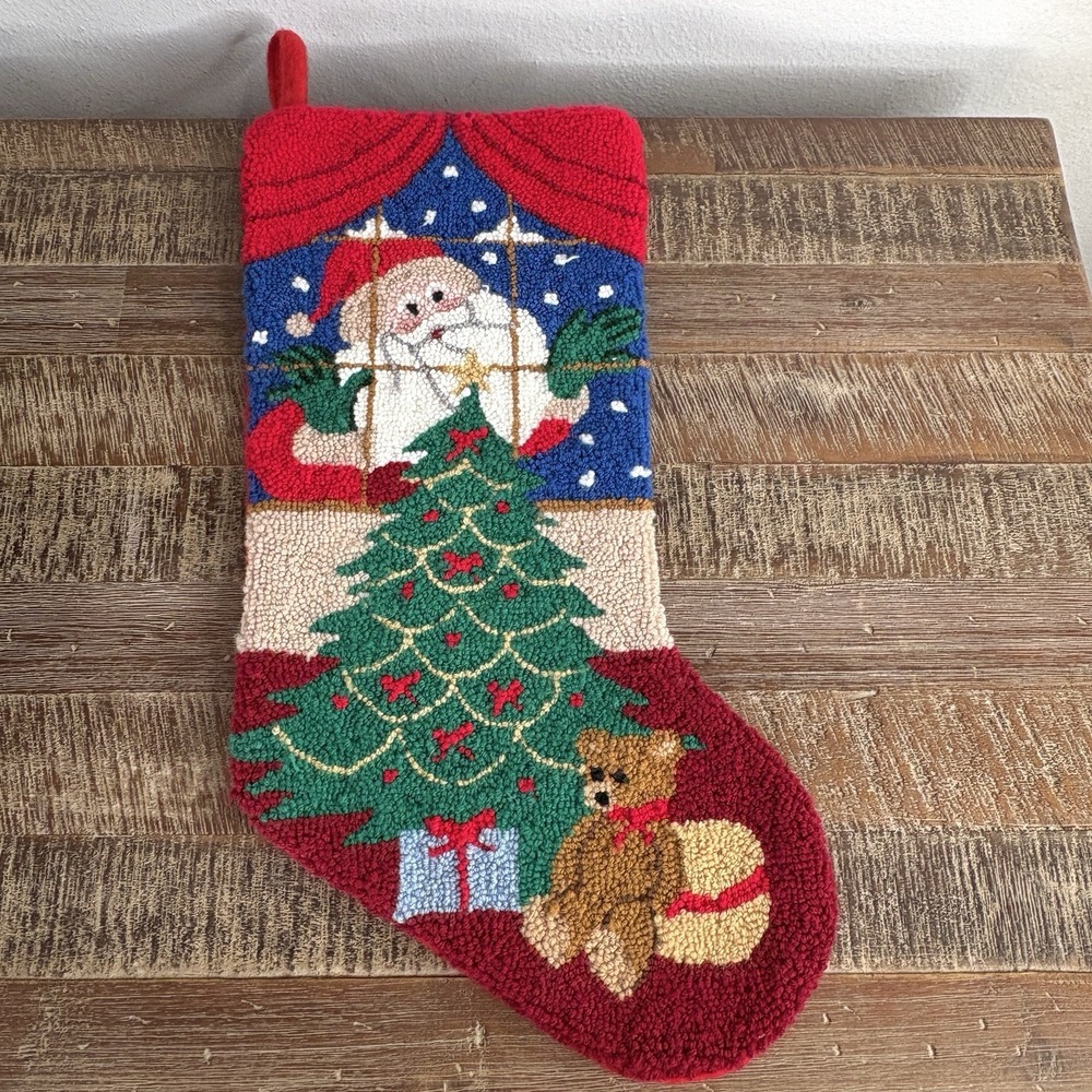 Punch Needle Christmas Stocking Santa Holiday Tree Teddy Bear 18" Rug Hook Felt